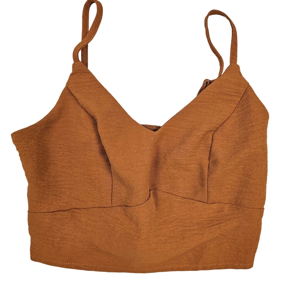 Rust Orange V-Neck Crop Top with Adjustable Straps and Smocked Back